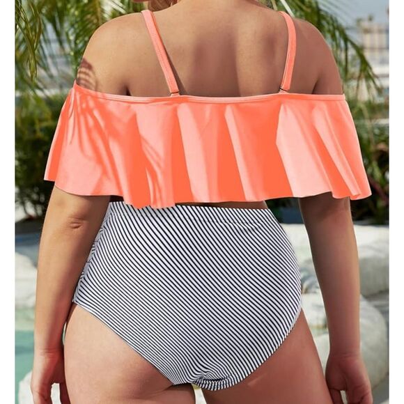 Kaei & Shi Other - New Bikini Set Tummy Control Blue & White Bottoms Ruffled Coral Top Tankini